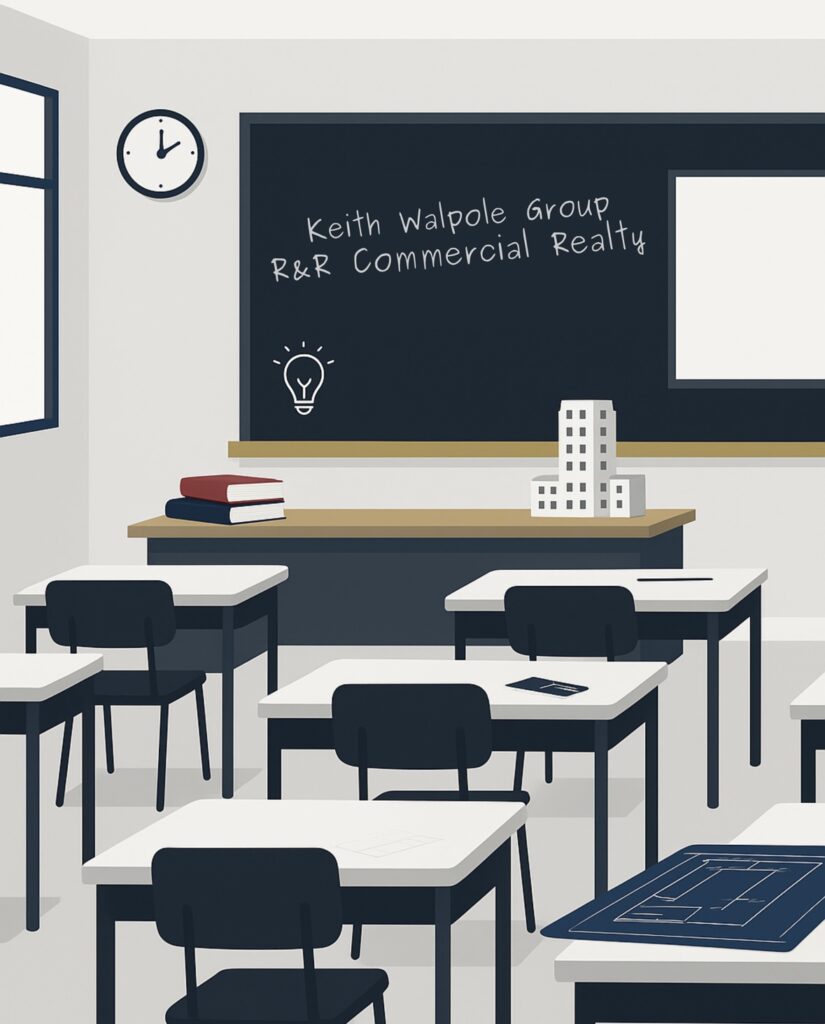 A bright school classroom scene featuring desks, chairs, and a large chalkboard. On the chalkboard, “Keith Walpole Group” is written prominently in white chalk. Commercial real estate icons like building outlines, charts, and property sketches are subtly integrated into the classroom setting, blending education with real estate themes. The room conveys a professional yet welcoming learning environment.