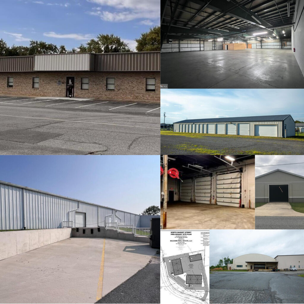Collage of seven warehouse listings available for lease under $10 per square foot, showcasing a variety of industrial spaces in Sussex and Kent County, Delaware, including exterior building views, loading docks, and spacious interiors.