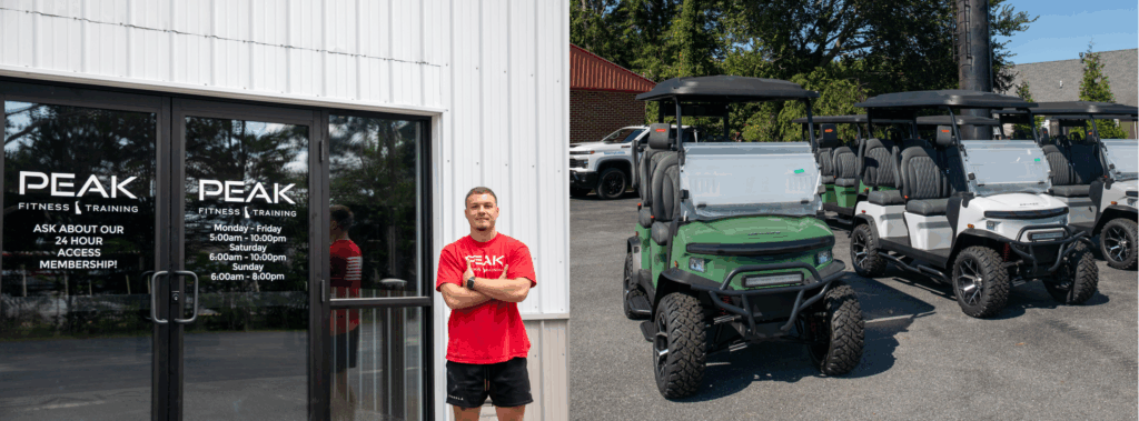 A collage featuring Cameron Horn smiling and posing outside the newly opened PEAK Fitness and Training in Harbeson, standing in front of the building’s exterior signage. Beside him, additional image shows several M&M Carts displayed outside their facility, lined up and ready for customers. The collage highlights clients, both businesses as part of the local community’s growth and success.